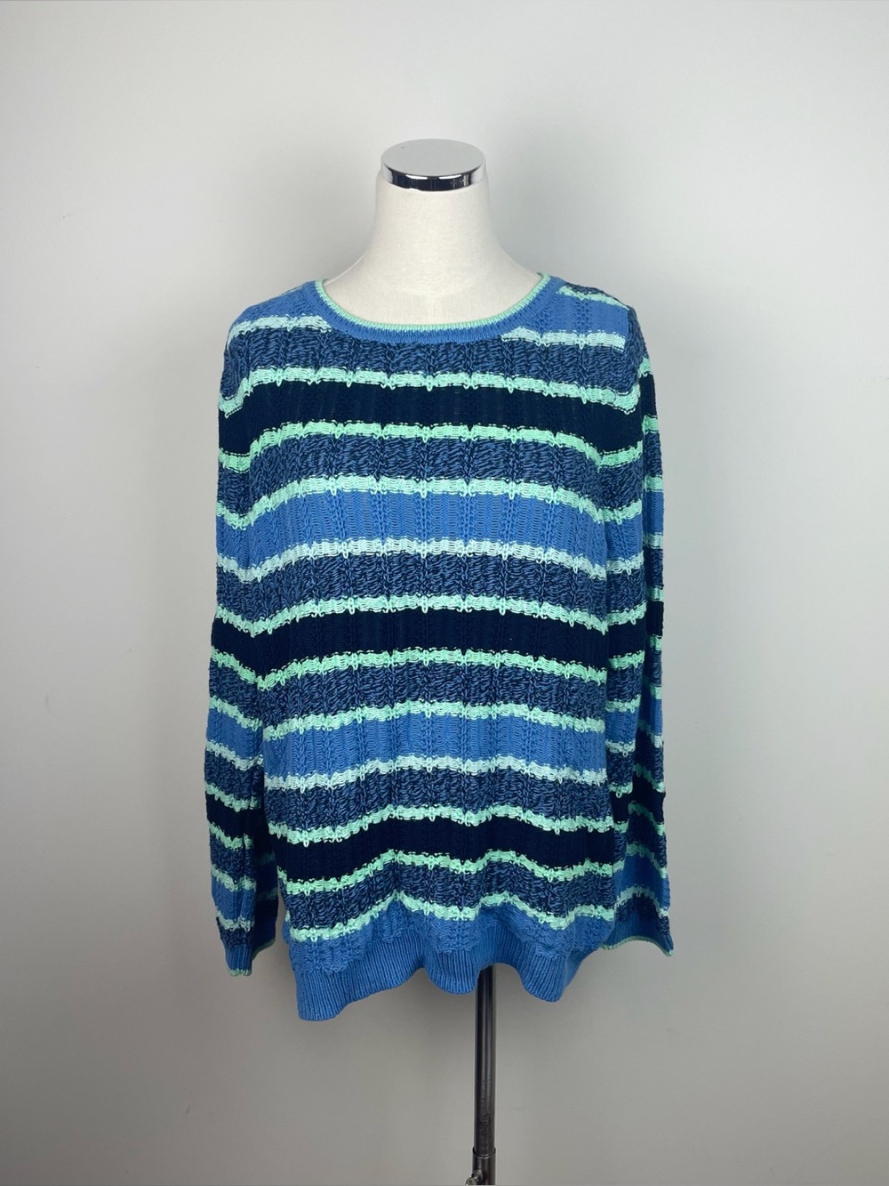 Talbots Navy Blue Green Stripe Knit Cotton Long Sleeve Sweater Women Large